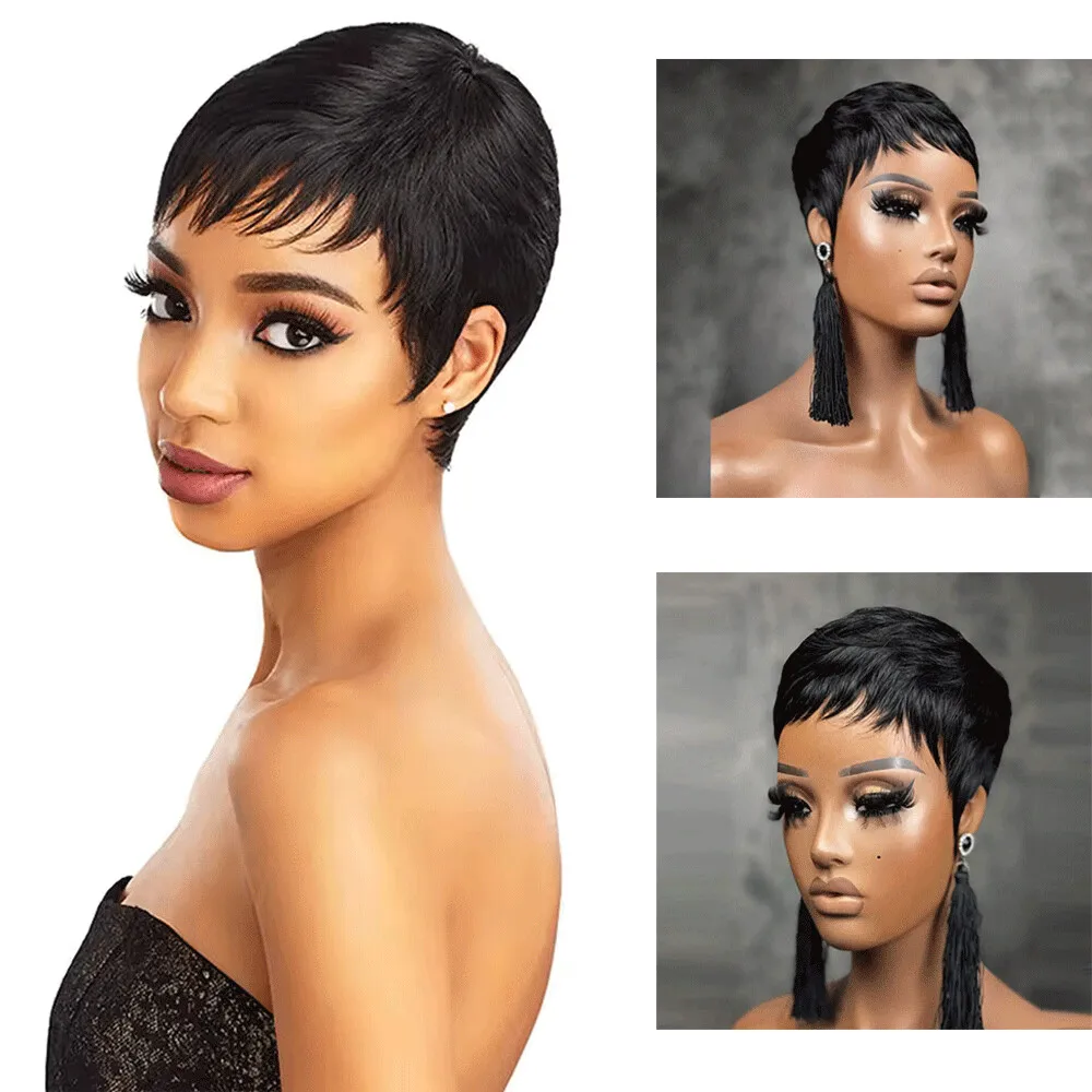 Wig Potongan Pixie Pendek Wig Rambut Manusia Brasil Lurus dengan Warna Hitam dan Merah Wig Buatan Mesin Penuh untuk Wanita Dijual