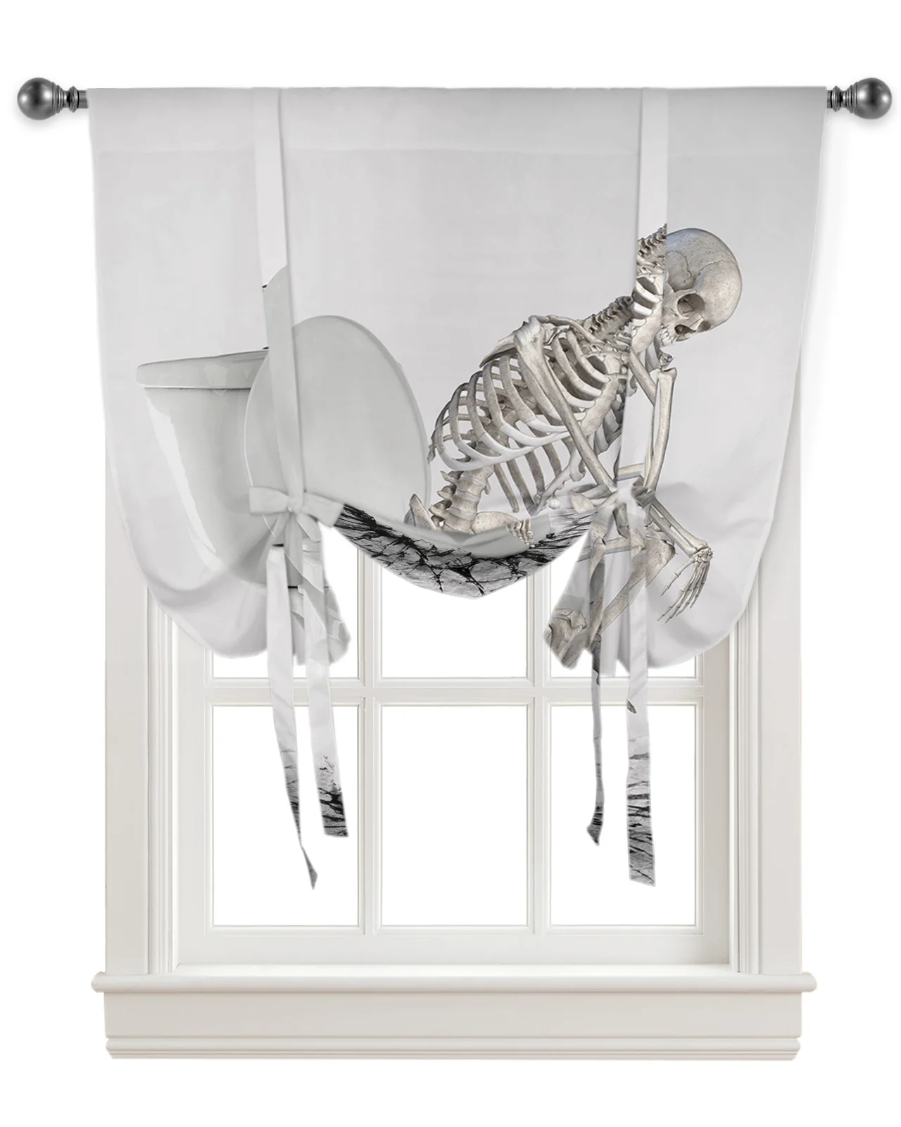 Abstract Funny Toilet Skeleton Contemplation Kitchen Short Window Curtain Modern Home Decor Small Window Roman Tie Up Curtains