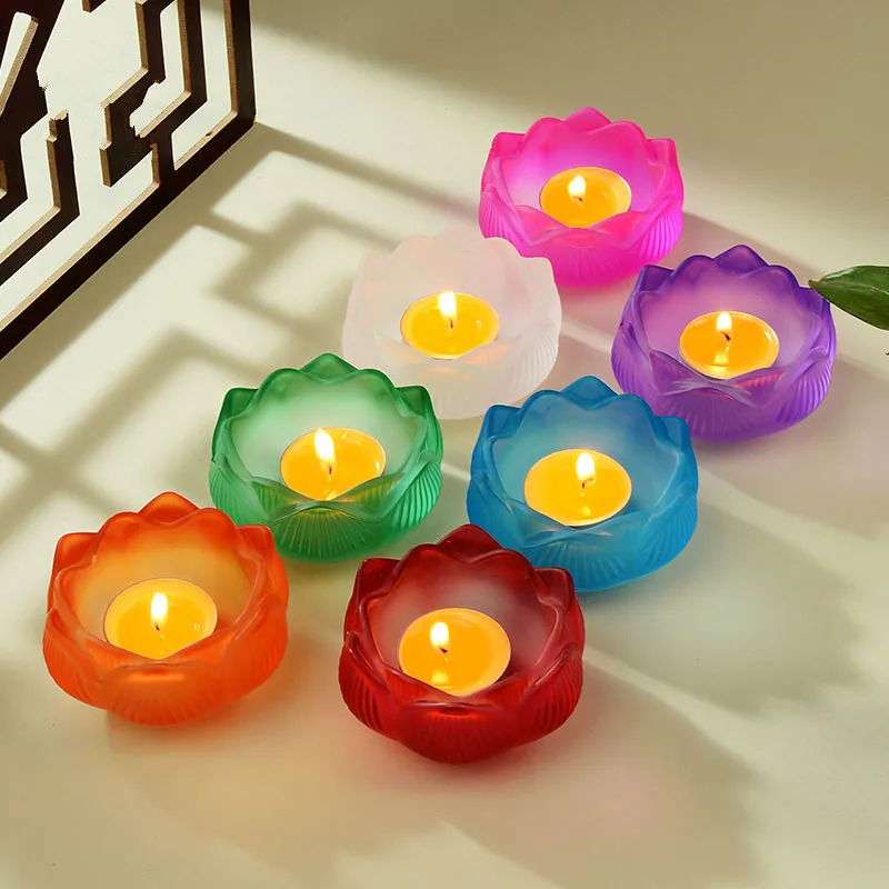 Colorful Glass Lotus Candle Holder Buddhist Altar Lamp Butter Lamp Stand, Ever-Burning Candlestick for Worship & Home Decoration