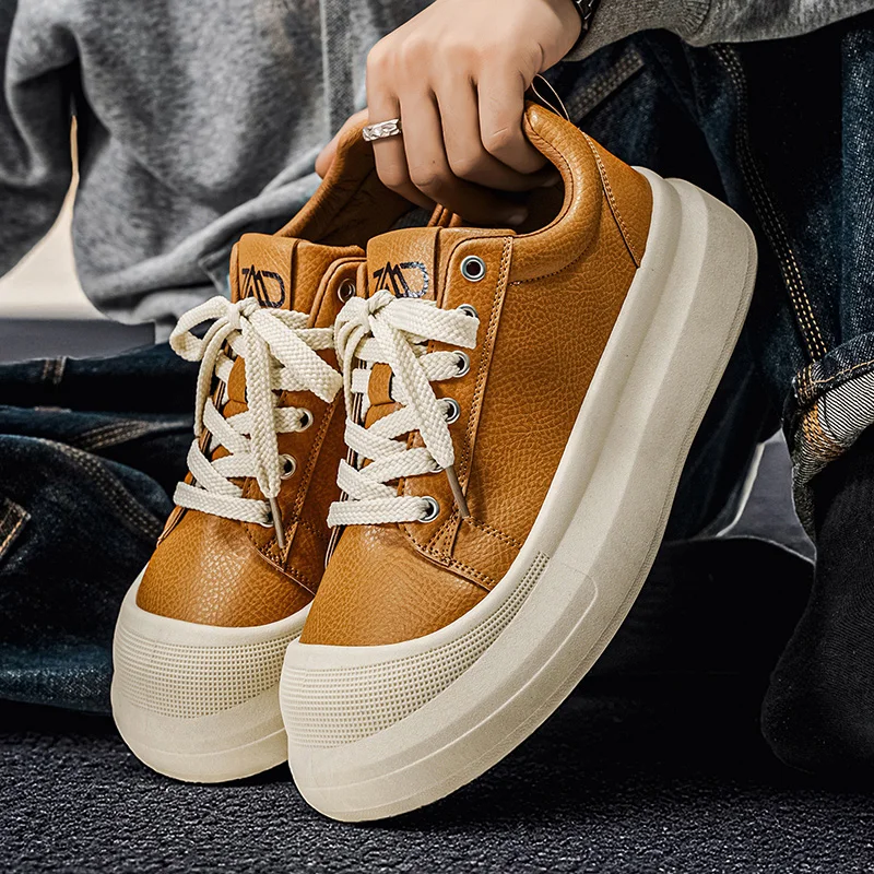 Classic retro wide toe shoes round toe casual and comfortable thick soled board shoes anti-collision PU leather low top shoes