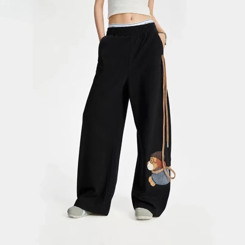 Autumn Japanese Harajuku Cute Wide Leg Pants Women Streetwear Cartoon Dog Embroidery Loose Trousers Casual Couple Y2k Sweatpants