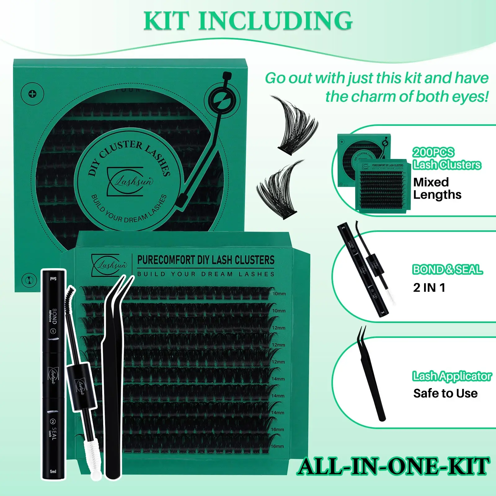 LASHSUN 200PCS 100D DIY Cluster Lashes Kit 10-16mm Mixed D Curl Wispy Soft And Comfortable False Eyelashes Long-Lasting Lashes K