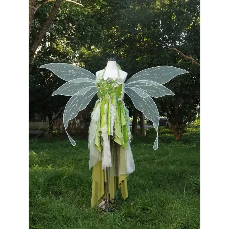 Green Forest Fairy Wing Halter Dress, Broken Nature Pure Desire Design, Without Accessories, Live Show Photo Outfit S-XL