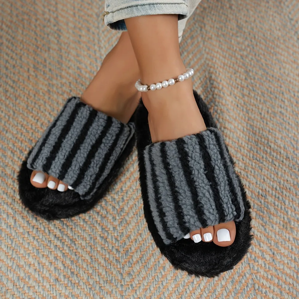 Striped Women's Slide Slippers Soft Sole Anti Slip Faux Lamb Fleece Slippers EVA Outsole Flannel Lining Indoor Home Slippers