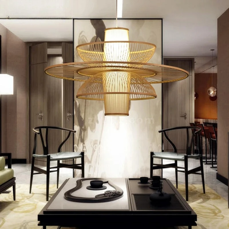 Minimalist Stylish Bamboo wooden Wicker Rattan Hand-knitted LED Pendant Light Lustre Lamp for Living Room Decoration Chandeliers
