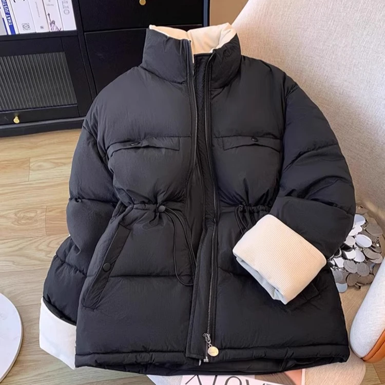 2025 Damescontrasterende kleur opstaande kraag donsjack Winter verdikte lange jas Grote maat taillegeul