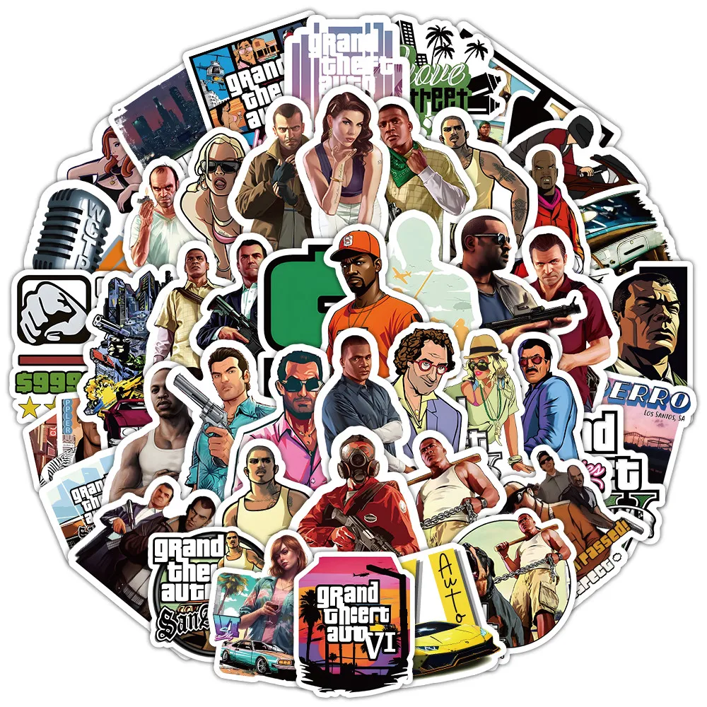 مجموعة ملصقات جرافيتي GTA للعبة Open-World المكونة من 53 ورقة - شارات موضوع ألعاب العالم المفتوح لهدايا أعياد الميلاد (متجر Anime Worlds)
