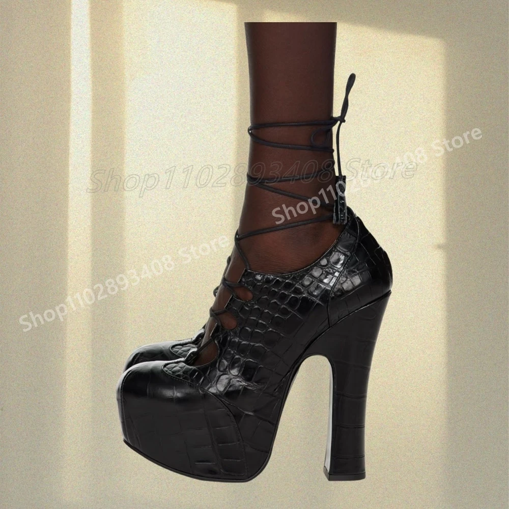 Черные кожаные туфли-лодочки с ремешками и крокодиловым узором, элегантные модные женские туфли на массивном высоком каблуке в стиле ретро, популярная женская обувь 2025, пикантные женские туфли