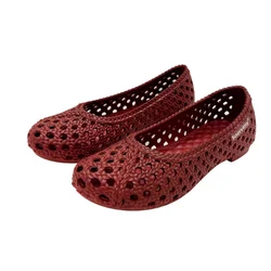 Ladies New Arrivals PVC Plastic Shoes Round Tip Low Cutter Slip-On Cut-Outs Breathable Beach Flats Spongy Sole Khaki Brown 35-40