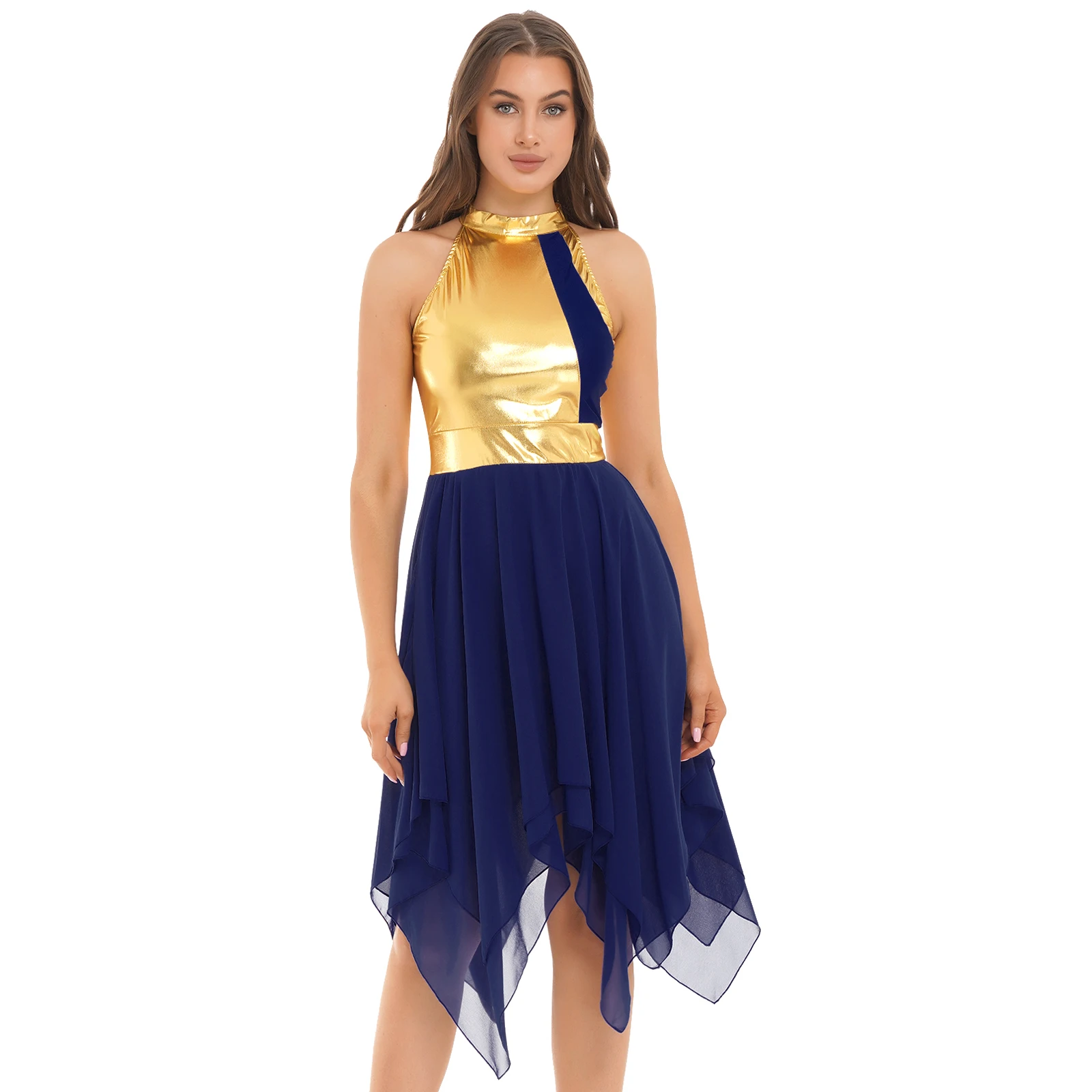 Traje de dança lírica feminino sem mangas bloco de cor chiffon babados moderno contemporâneo dancewear para festa de formatura desempenho novo