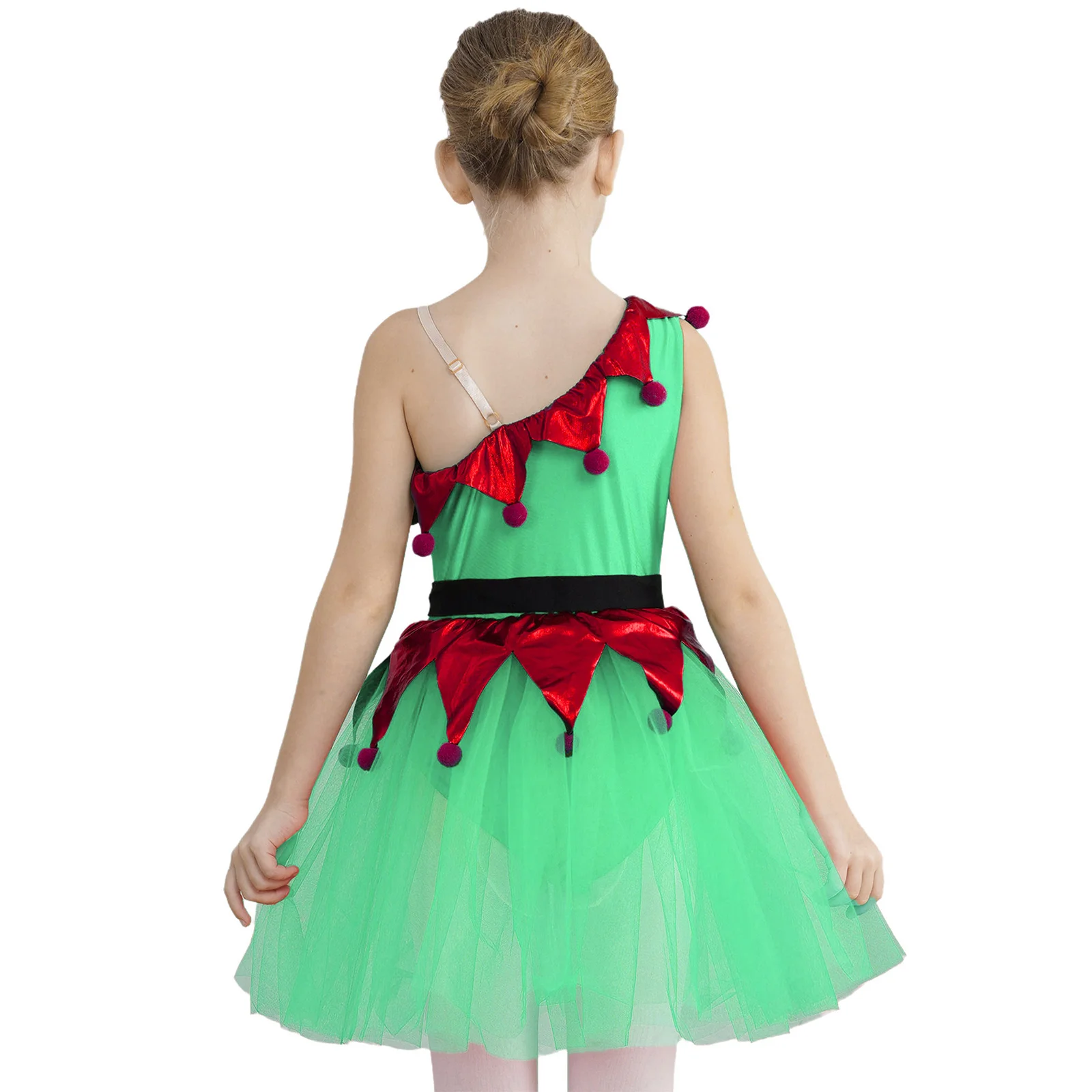 Kids Girls Elf Christmas Xmas Holiday Party Costume Ballet Gymnastics Skating Dress Sleeveless Pom Poms Leotard Tutu Dancewear