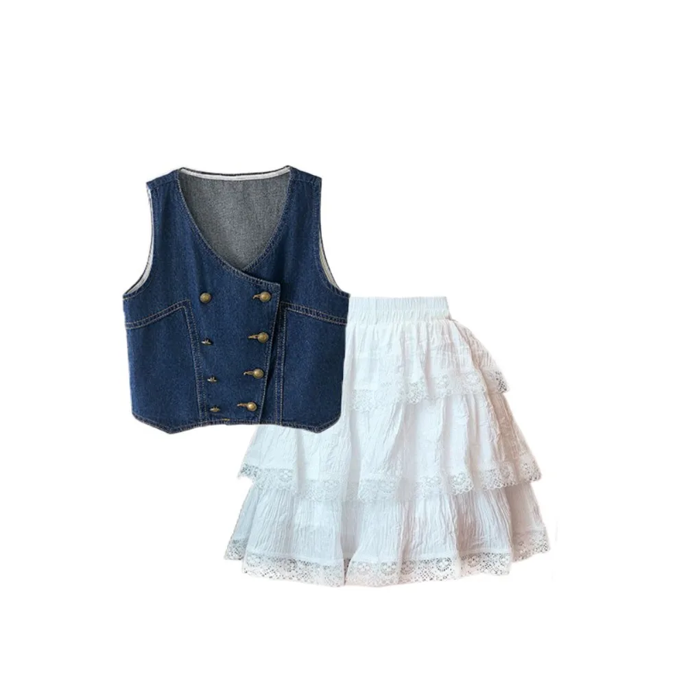 

Fashion Cowboy Vest Girls Sweet Clothes Set Lace Loose Vest Cake Skirt Set Children Clothing Teens Two Pieces Suit Spring Summer