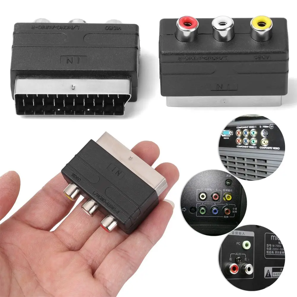 1 buah hitam 21PIN Scart steker laki-laki ke 3RCA Phono perempuan AV TV Audio adaptor Video Input untuk PS4 untuk WII DVD VCR