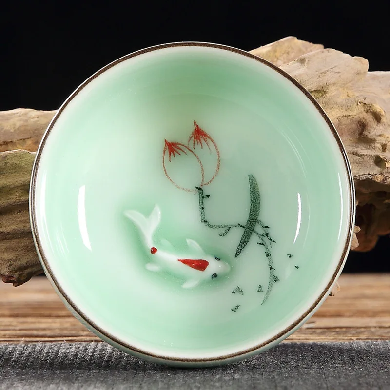 60ml High Quality Celadon Chinese Kung Fu Tea Set Round Flat Lotus Carp Pu\'er Tea Cups Hand-painted Ceramic Single Carp Teacup