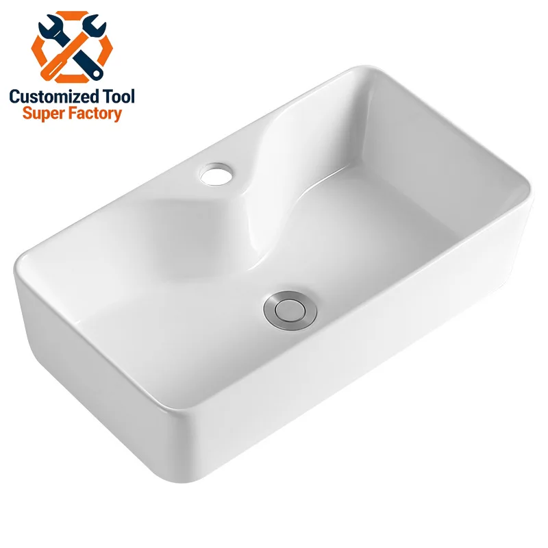 Hochwertiges Waschbecken mit Schriftzug-Gravur, Waschbecken mit Abflussgitter, Keramik-Waschbecken, künstlerisches quadratisches Einzelwaschbecken