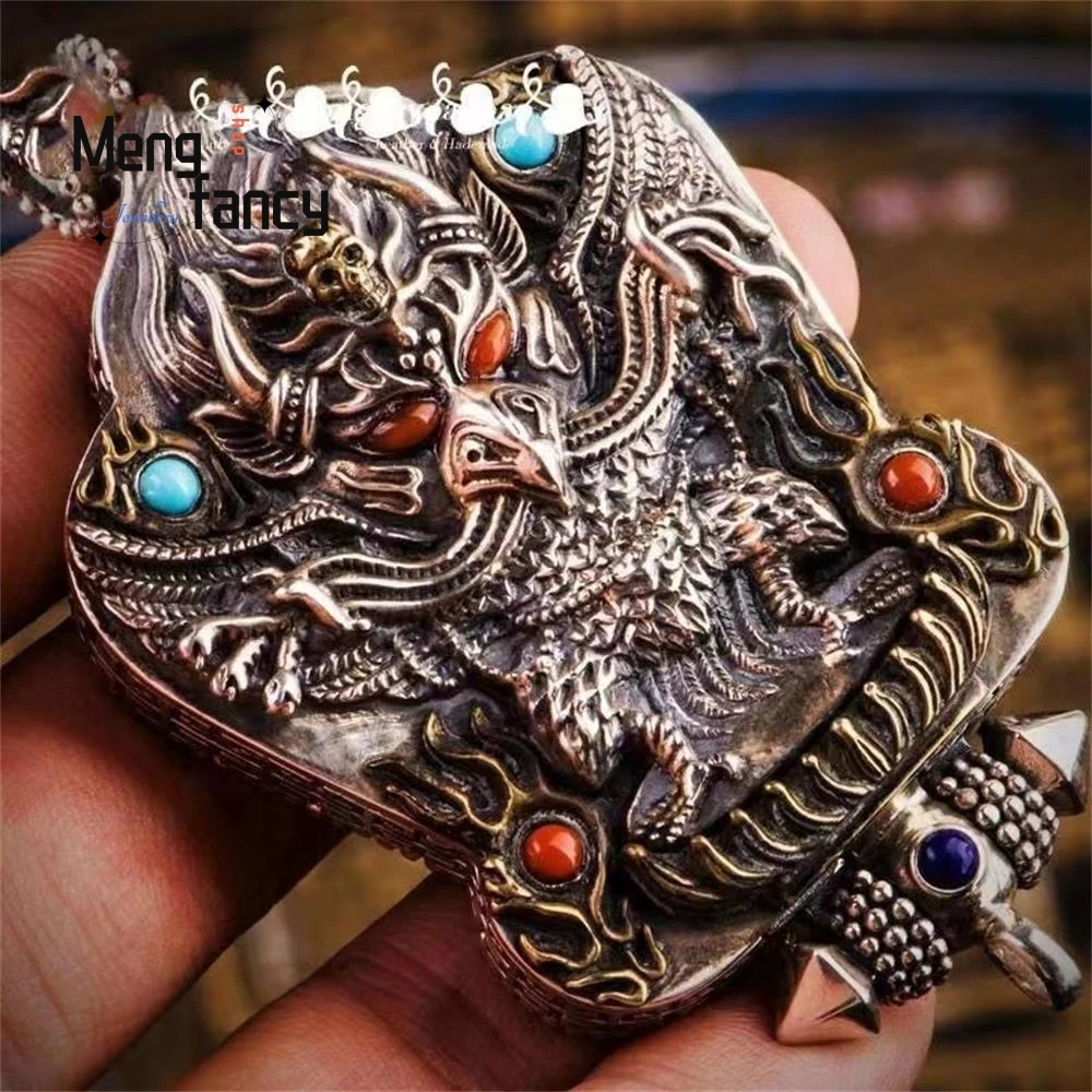 Vintage Big Wing Golden Peng Bird Gawu Box Tibetan Pendant Hidden Eight Treasures Exquisite Handicraft Luxury Quality Jewelry