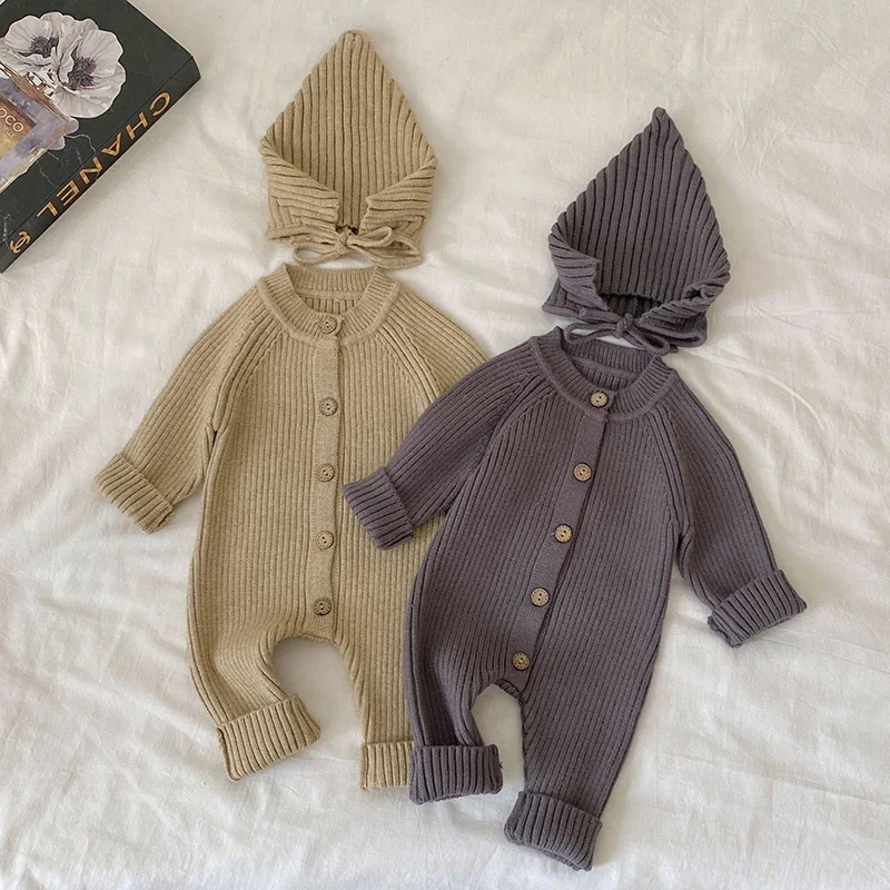 جديد ربيع 2026 بدلة قفز محبوكة للأطفال البنات والأولاد + قبعة بأكمام طويلة بلون سادة ملابس أطفال محبوكة للأطفال الصغار #1