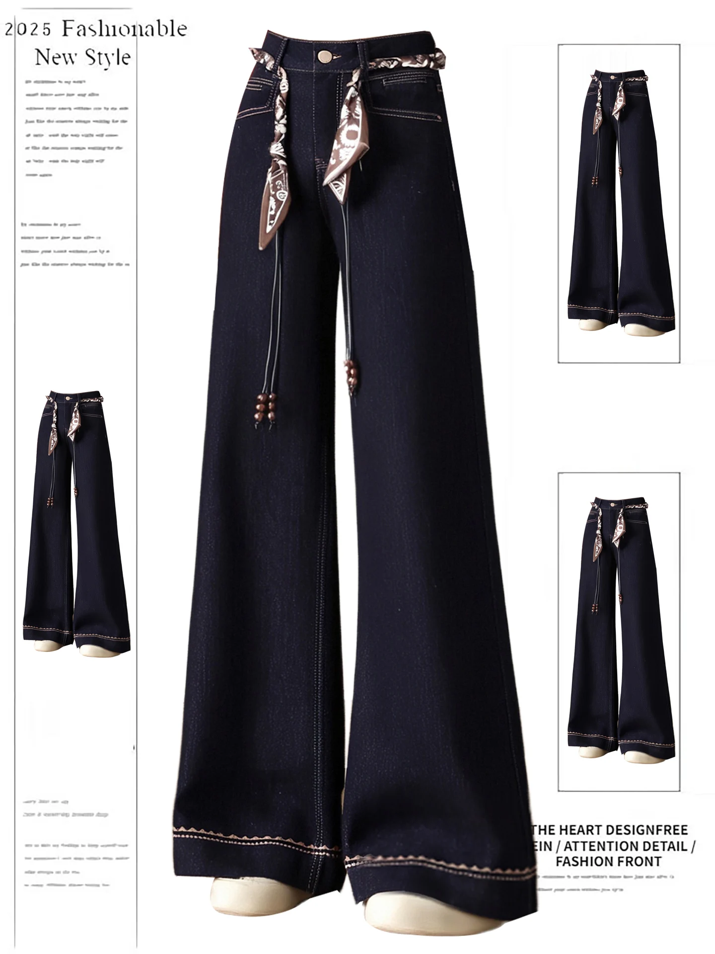 

Модные женские джинсы с высокой талией и широкими штанинами, осень 2025, новинка, ультрамодные, с поясом и шелковым платком, прямого кроя