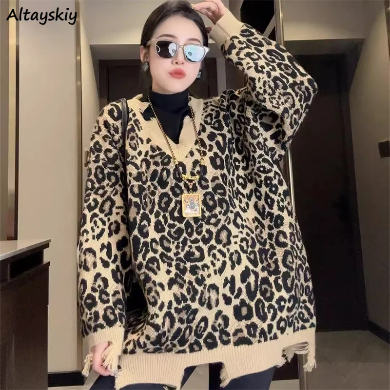 Leopard Pullovers Women Tassel Vintage Tender V-neck Cozy Свитер Женский Swetry Damskie Zimowe 이너니트 Elegant Ulzzang Loose Casual