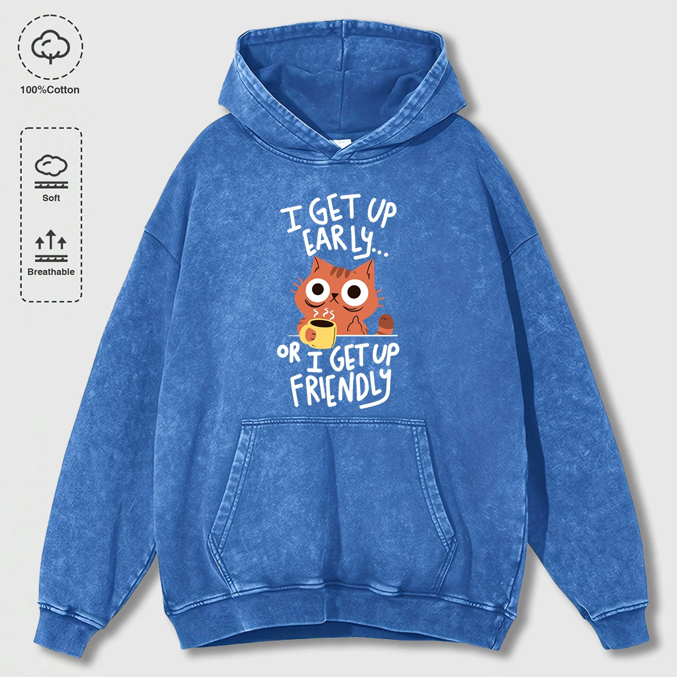 

I Get Up Are Lazy Cute Cat Printing Washed Hoodie Man Autumn Trendy Hoody Vintage Loose Hoodies Street Cotton Men Pullover
