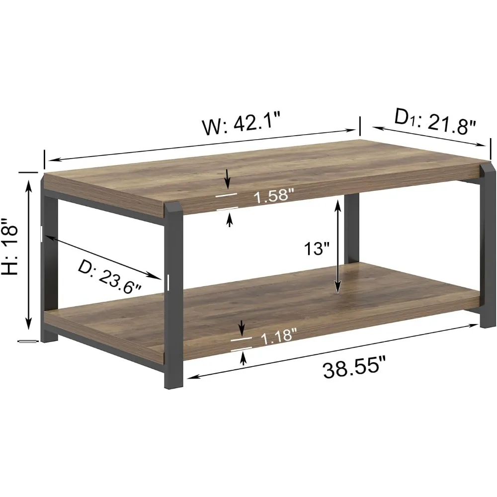 Rustic Industrial Style Coffee Table, Rectangular Wood and Metal Centerpiece for Living Room, Modern Cocktail Table with Storage
