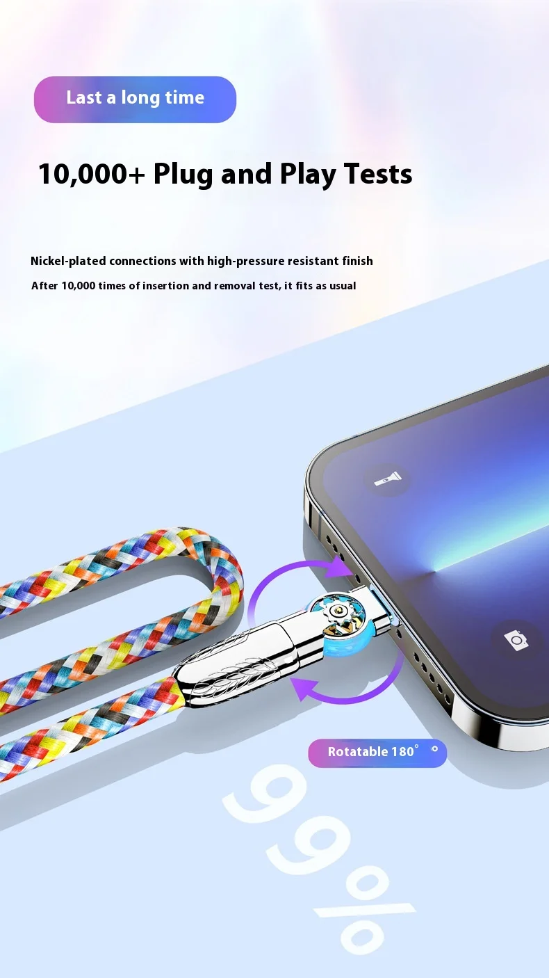 Fast Charging Cable Double Elbow Rotation USB A to Type C Micro USB Cable With Light Zinc Alloy Head Colorful Braided Data Cable