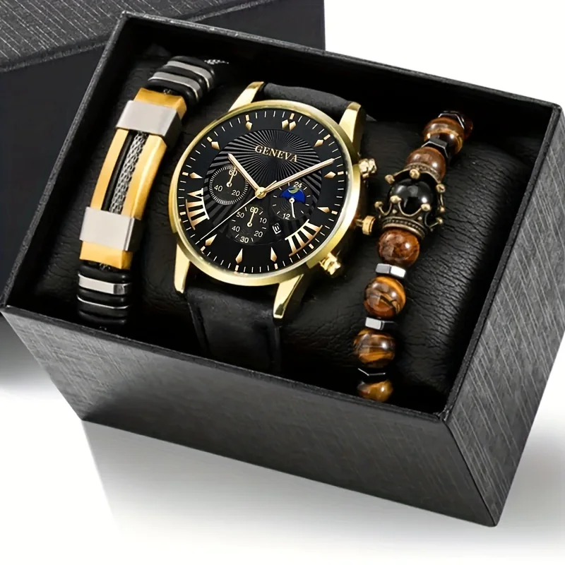 

1pc/3pcs/set, 1pc Men's Casual Simulated Watch And 2pcs Classic Bracelet Set, Ideal choice for Gifts