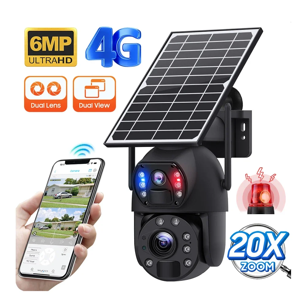 20X ZOOM solar camera 4g sim card network camera full HD 6mp color night vision outdoor camera for home security surveillance