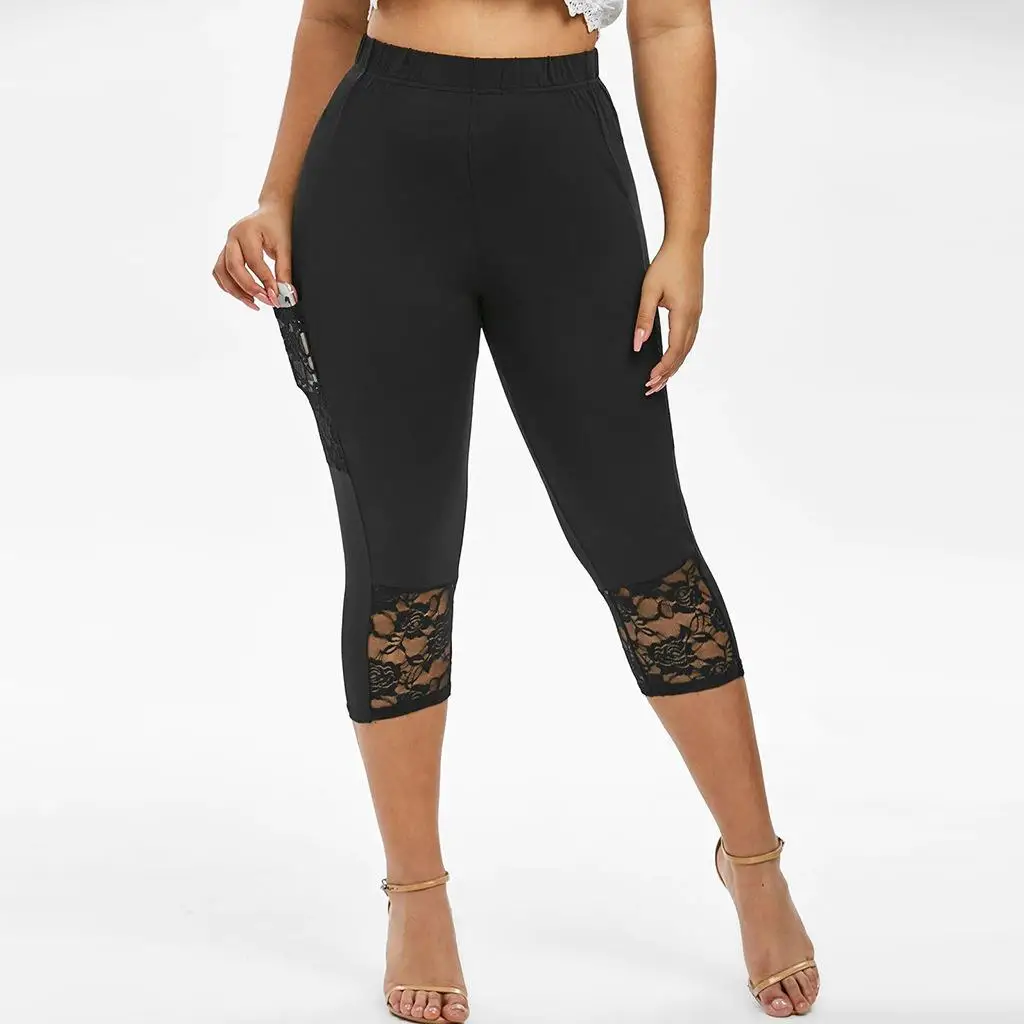 

Леггинсы для йоги и спорта больших размеров с кружевными вставками, женские облегающие брюки из тонкого полиэстера, летние модные женские штаны
