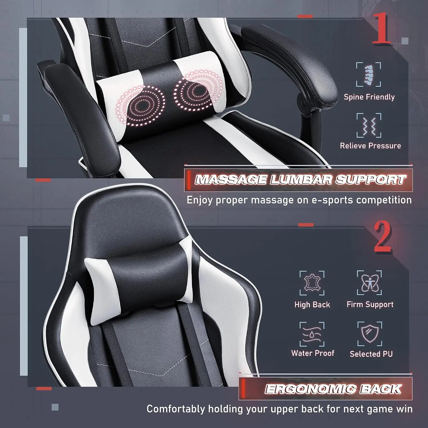 Furmax Gaming Chair, Video Game Chair with Footrest and Massage Lumbar Support, Swivel Seat Height Adjustable Computer Chair with Headrest, Racing E-Sport Gamer Chair (White) - view 5