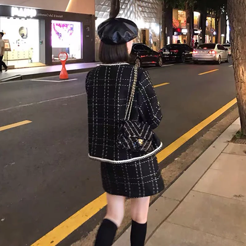 Women Fried Street Tweed Suit 2023 New Spring Autumn Wool Jacket + Skirt Female Fashion Loose Tweed Skirts Two-Piece Set Women