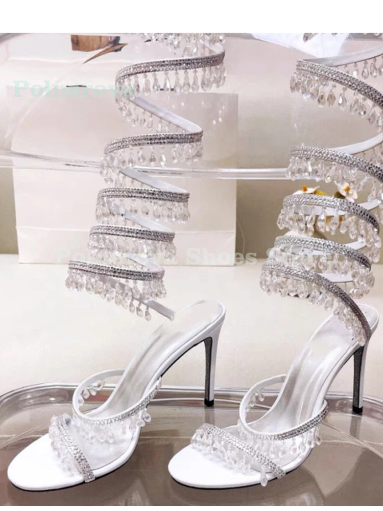 

Blingbling Crystal Wedding Sandals High Heel Fashion Tassel Crystal Ankle Strappy Sandals Designer Evening Dress Shoes Women