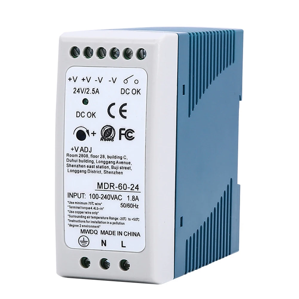 MDR6024 DIN Rail Power Supply 24V 60W with 100 240V AC Input and Triple Safety Features for Automation Systems