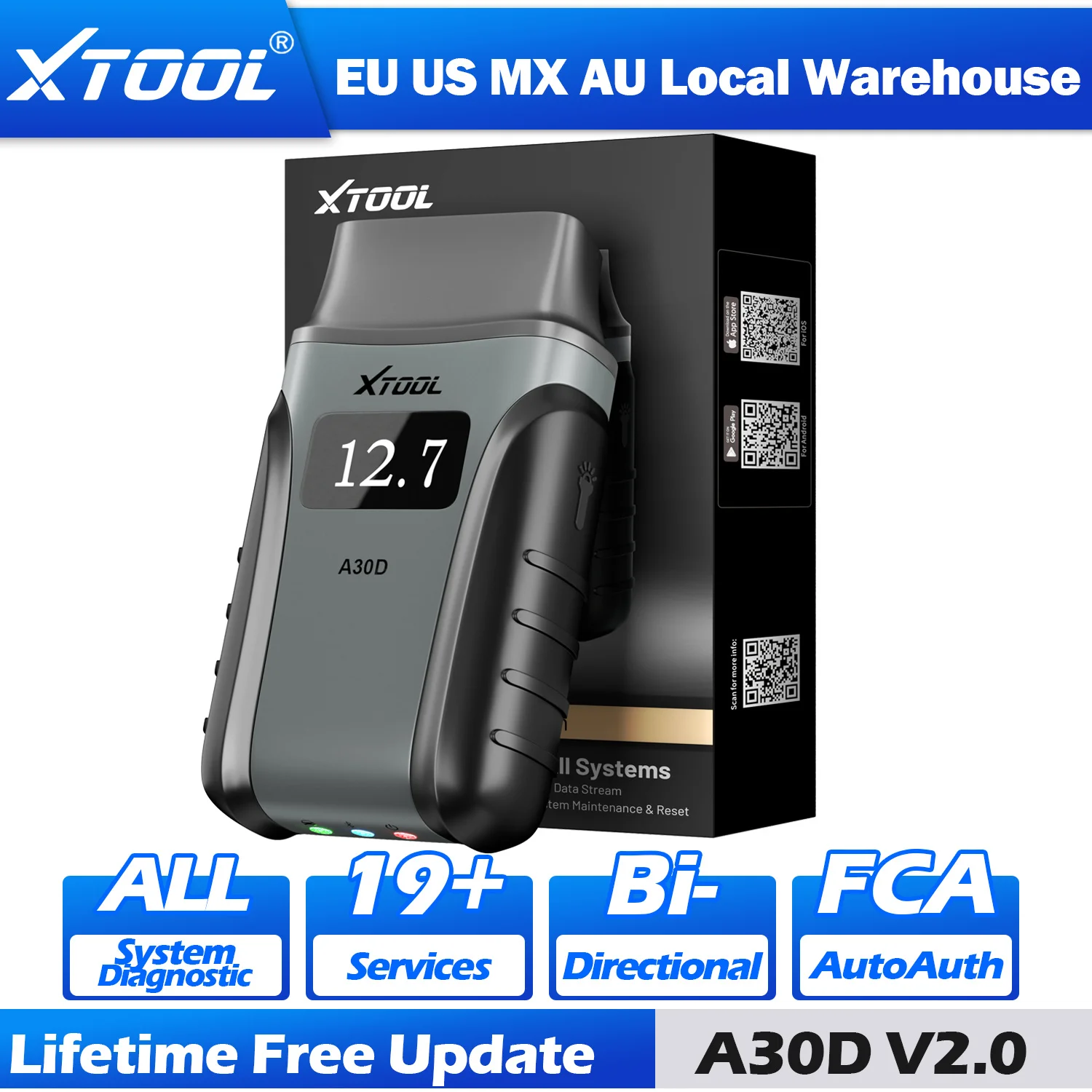 XTOOL Anyscan A30D Scanner OBD2 Bluetooth, mise à jour gratuite à vie, outils de diagnostic automobile pour tous les systèmes, scanner automobile bidirectionnel