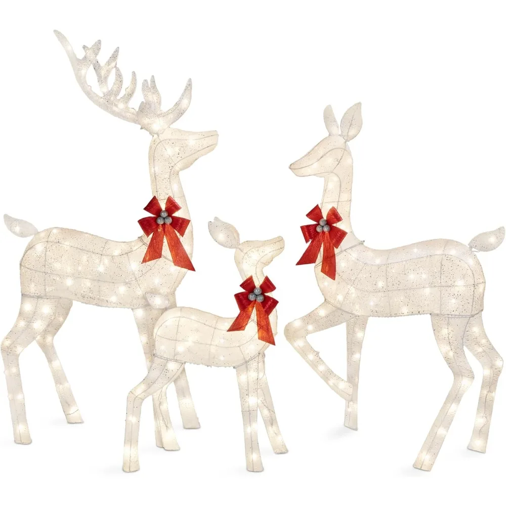 3Piece Large Lighted Christmas Deer Family Set 6.5ft Outdoor Yard Decoration with 385 LED Lights, Stakes, Zip Ties  White