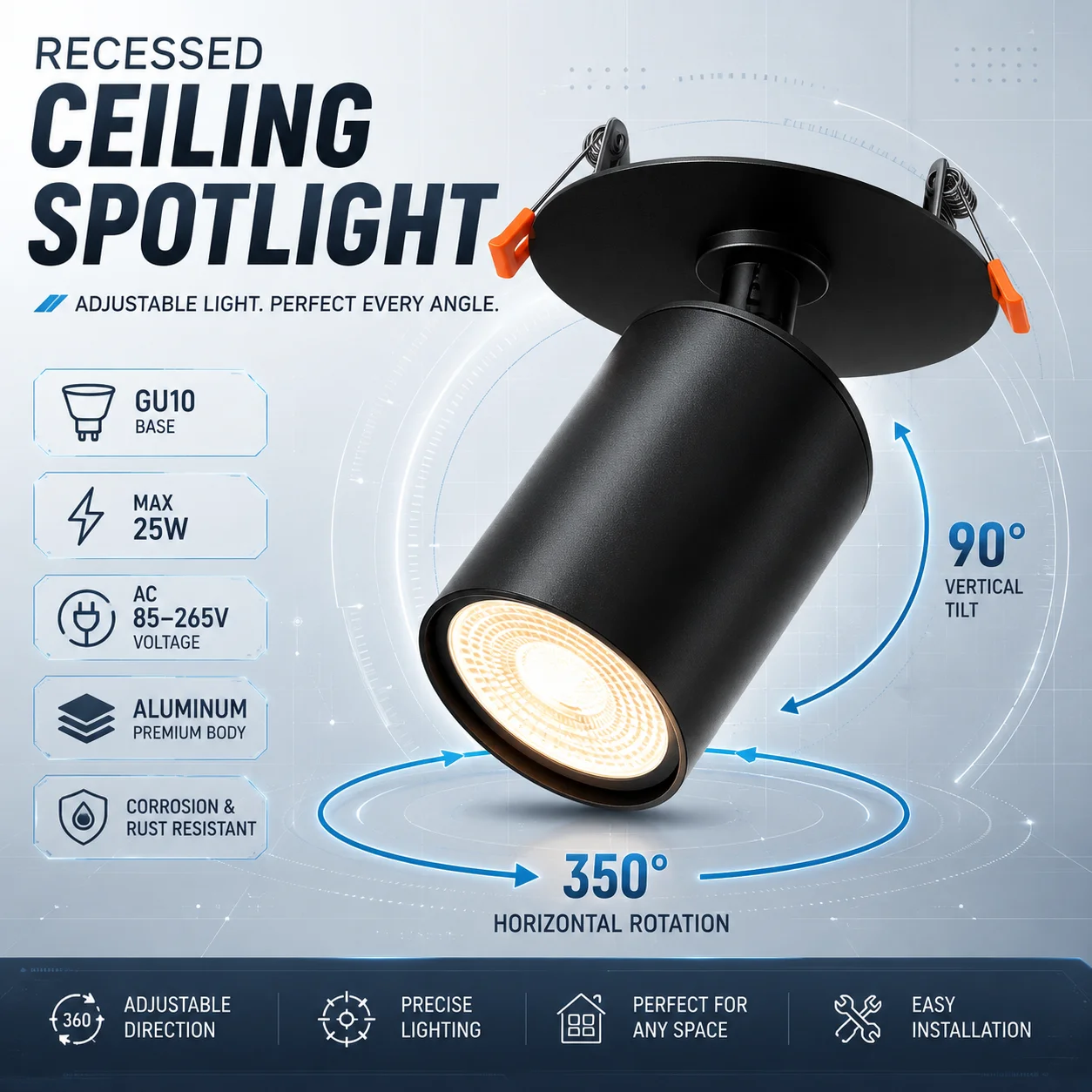 Recessed Ceiling Spotlight Replaceble GU10 Bulb Led Spot Light Indoor for Living Room Kitchen Store Ceiling Lamp Decor 110/220V