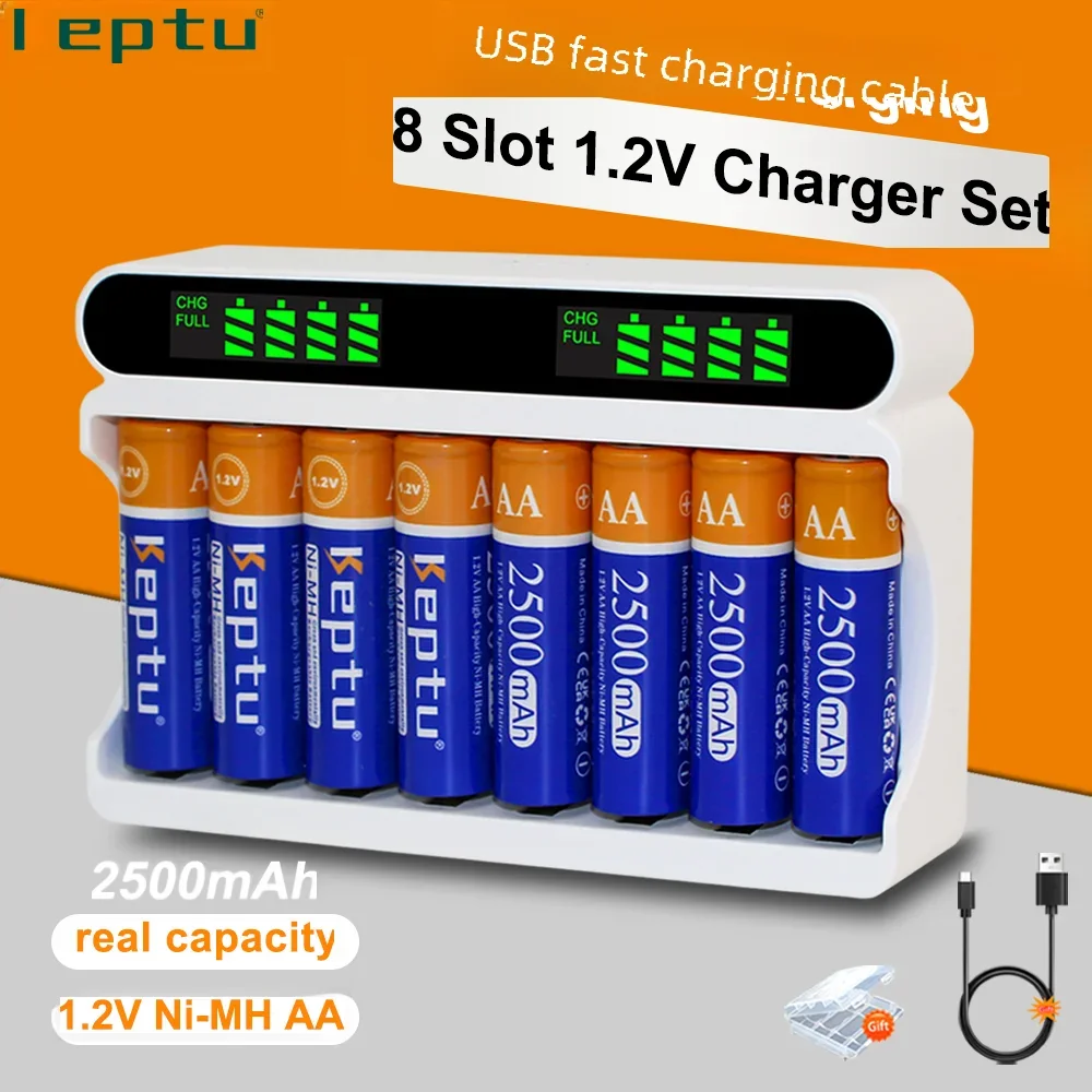 

KEPTU 4-16pcs AA 2500mAh 1.2V NI-MH Rechargeable aa Battery and LCD 8-Slot AA/AAA Battery Charger