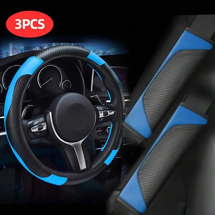 3pcs/Set PU Leather & Carbon Fiber Non-Slip Steering Wheel Cover + 2pcs Shoulder Pads Car Accessories Sets, Universal Fit, Adds
