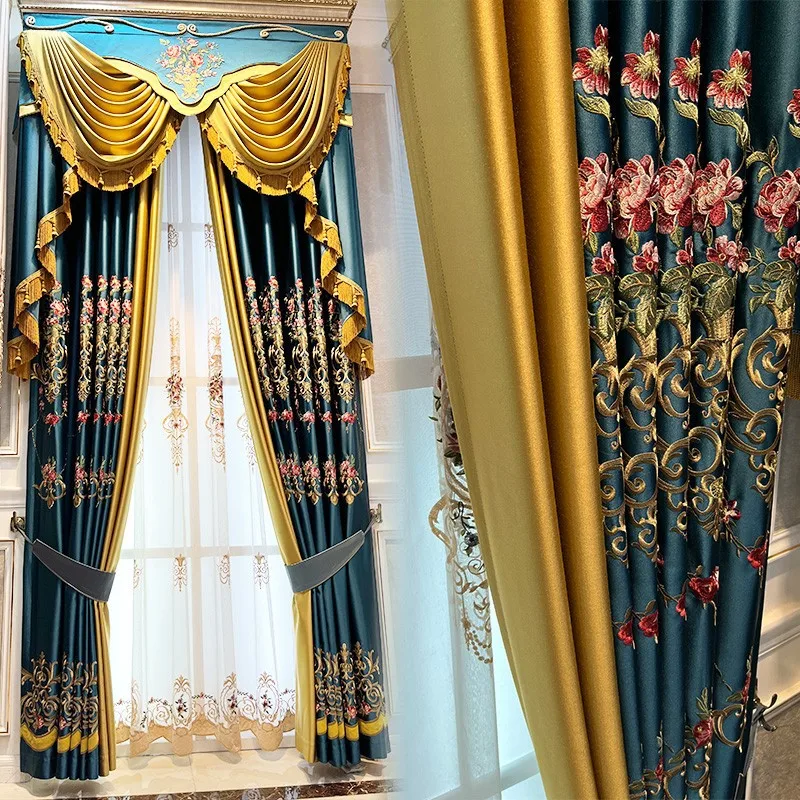 Custom High precision embroidered embroidery high-grade European blue cloth blackout curtain tulle valance drape C1702