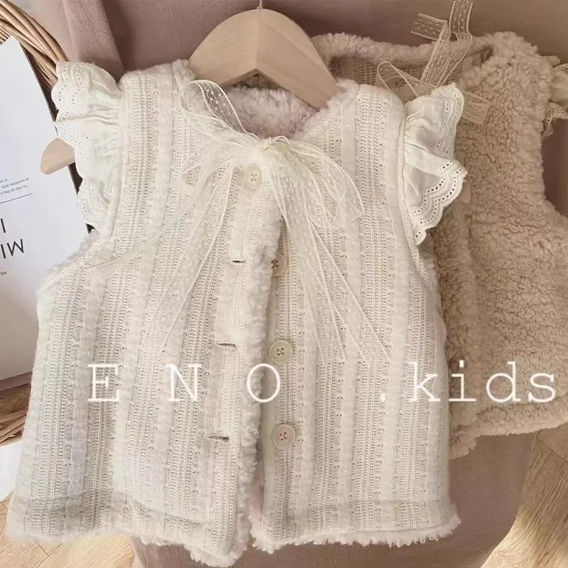 New Students Autumn Winter Thickened Lace Vest Girls Fleece Warm Shoulder Vest Baby Reversible Knitted Kids Children Casual Vest