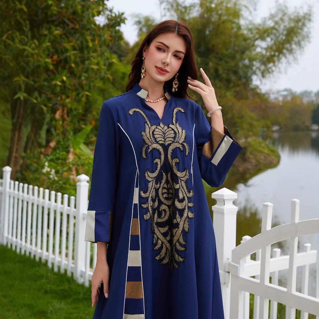 

Zd107 Robe Apparel Sequin Embroidery Patchwork Striped Long Robe Muslim Long Dress Robe Abaya Ramadan Dubai Luxury Islam Elegant