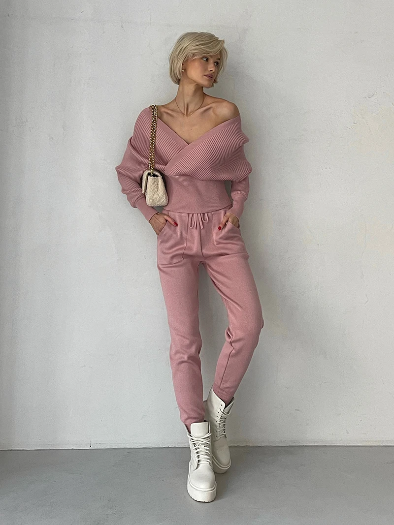Sexy Ribbed Pajama Set Women Casual Tracksuit Women Two Piece Set 2 Piece Long Sleeve Knit Sweater Pants Matching Sets For Women