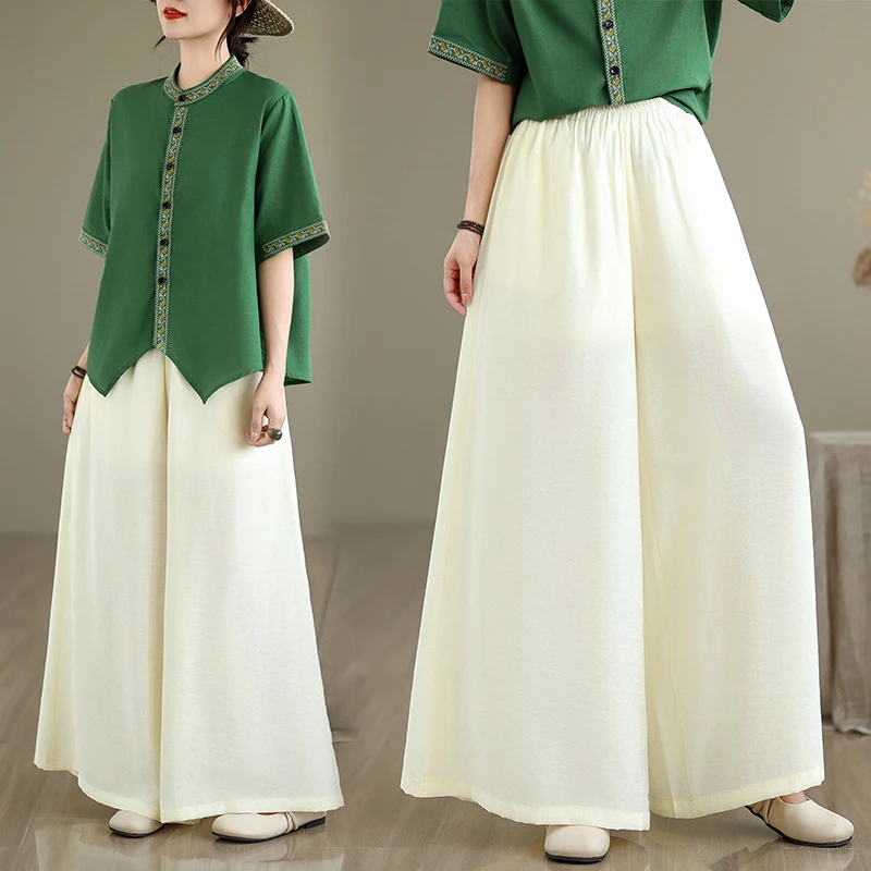 

Women's Cotton Linen Wide Leg Pants Set Summer Large Size Mommy Sle Ethnic Vintage Embroidered irt Two Piece Set