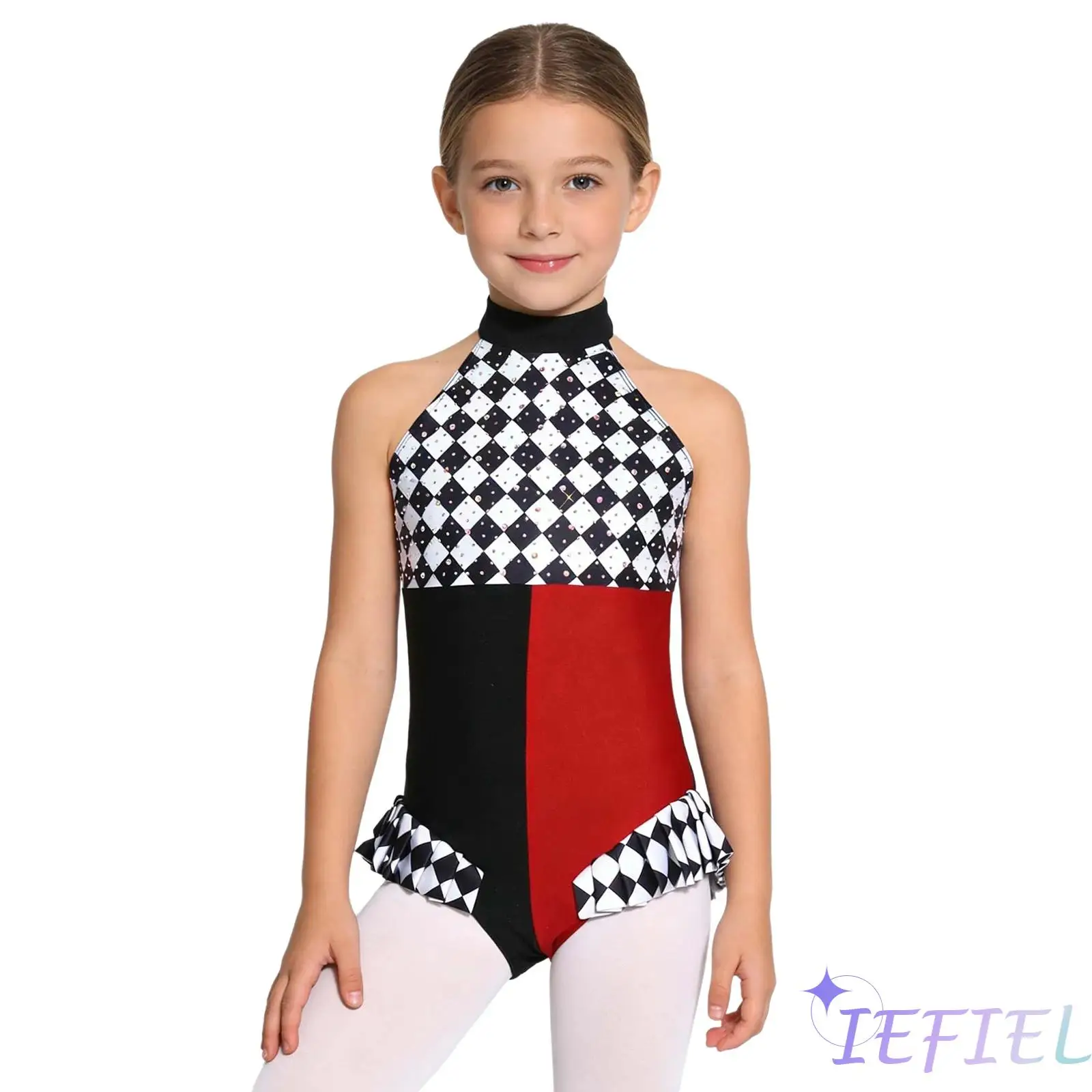 Kids Girls Clown Costumes Jumpsuit Sparkly Rhinestones Halter Sleeveless Plaid Pattern Bodysuit for Gymnastics Ballet Jumpsuit