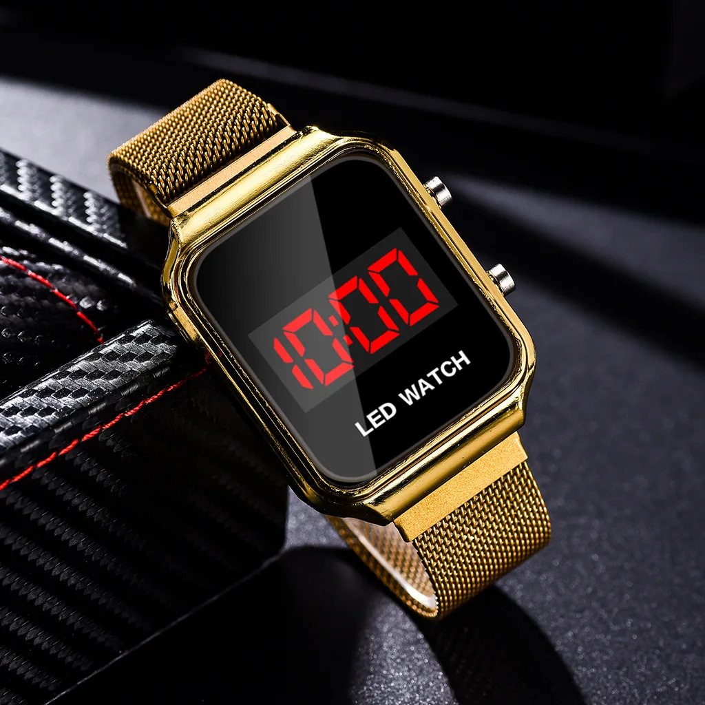 Fashion Rectangle Watches Men LED Digital Watches Men Luxury Rose Gold Magnetic Mesh Band Electronic Wristwatches Reloj Hombre