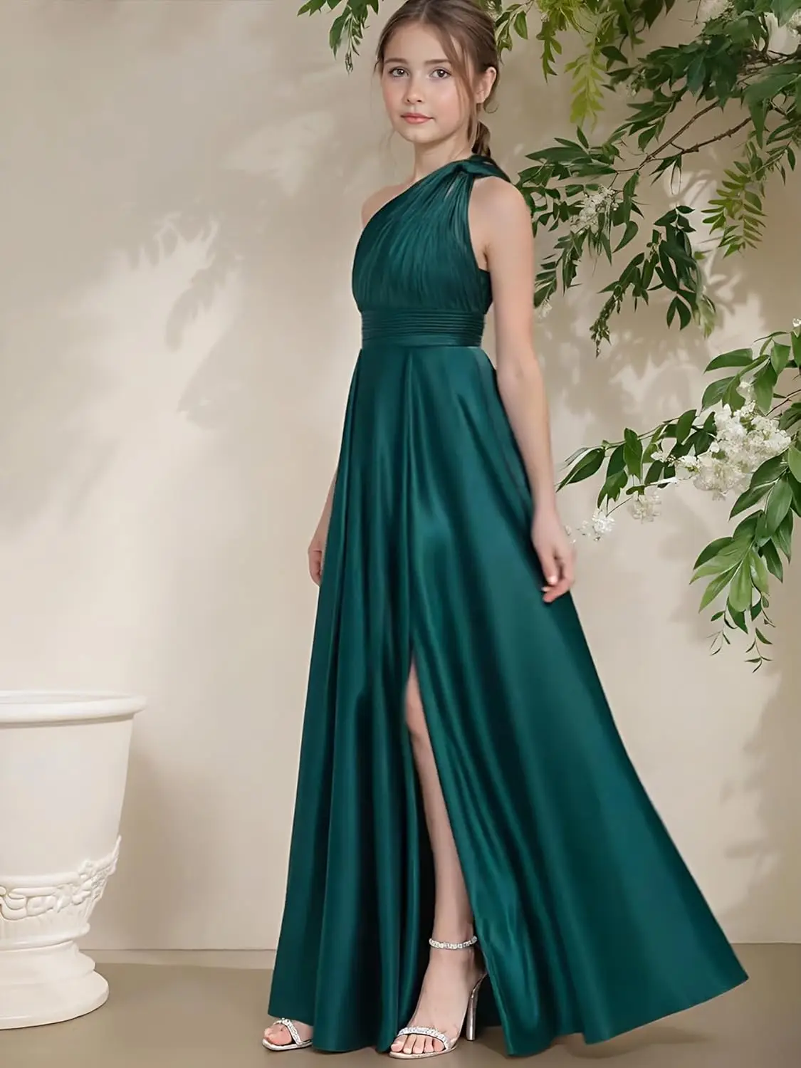 فساتين وصيفة الشرف للصغار بكتف واحد مع فتحة من الساتان فستان فتاة الزهور للفتيات فستان زفاف الضيوف