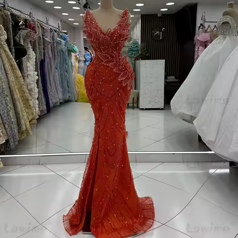 2025 Orange Wedding Party Dress Customized 3D Leaf Designer Arabic Long Prom Dresses Beaded Evening Dress for Special Occasions