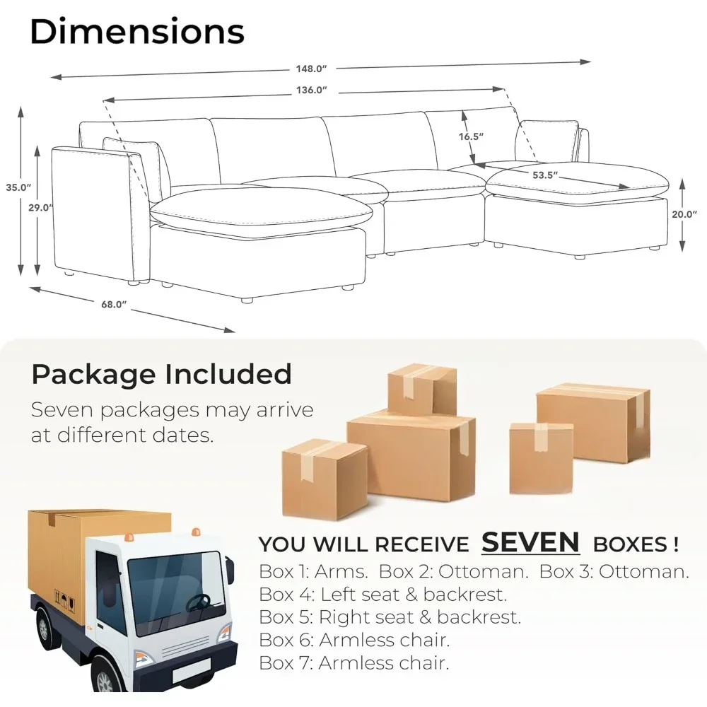 Sectional Modular Down Filled U Shape Sofa, Traditional Comfty Feather Cloud Couch,U Shaped Couch for Living Room