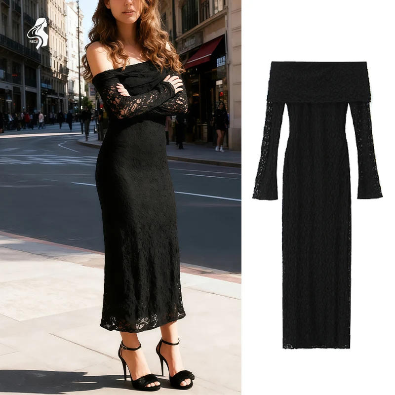 Vestido de mujer de encaje sin tirantes de manga larga con hombros descubiertos vestido largo elegante adecuado para fiestas y fechas Trafizaran