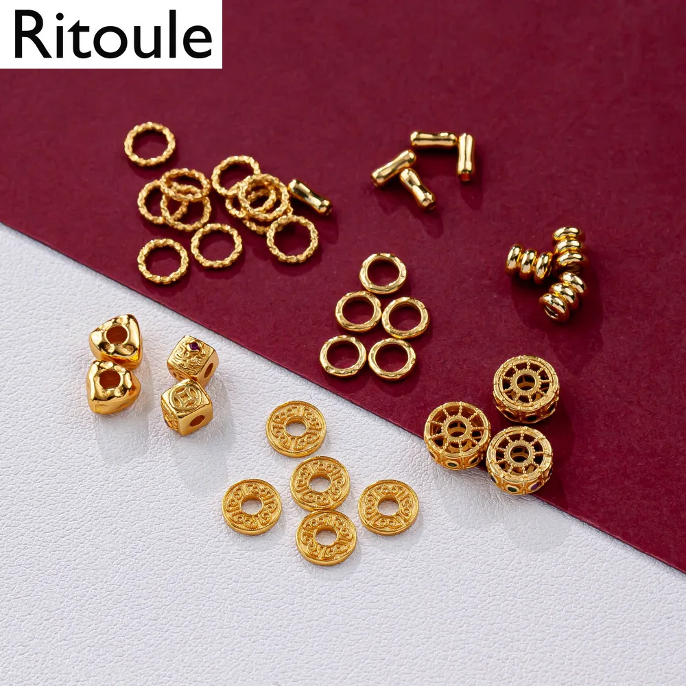 2pcsAncient sand gold winding ring copper three rings straight hole bead spacer Zakiram square loose bead DIY accessories